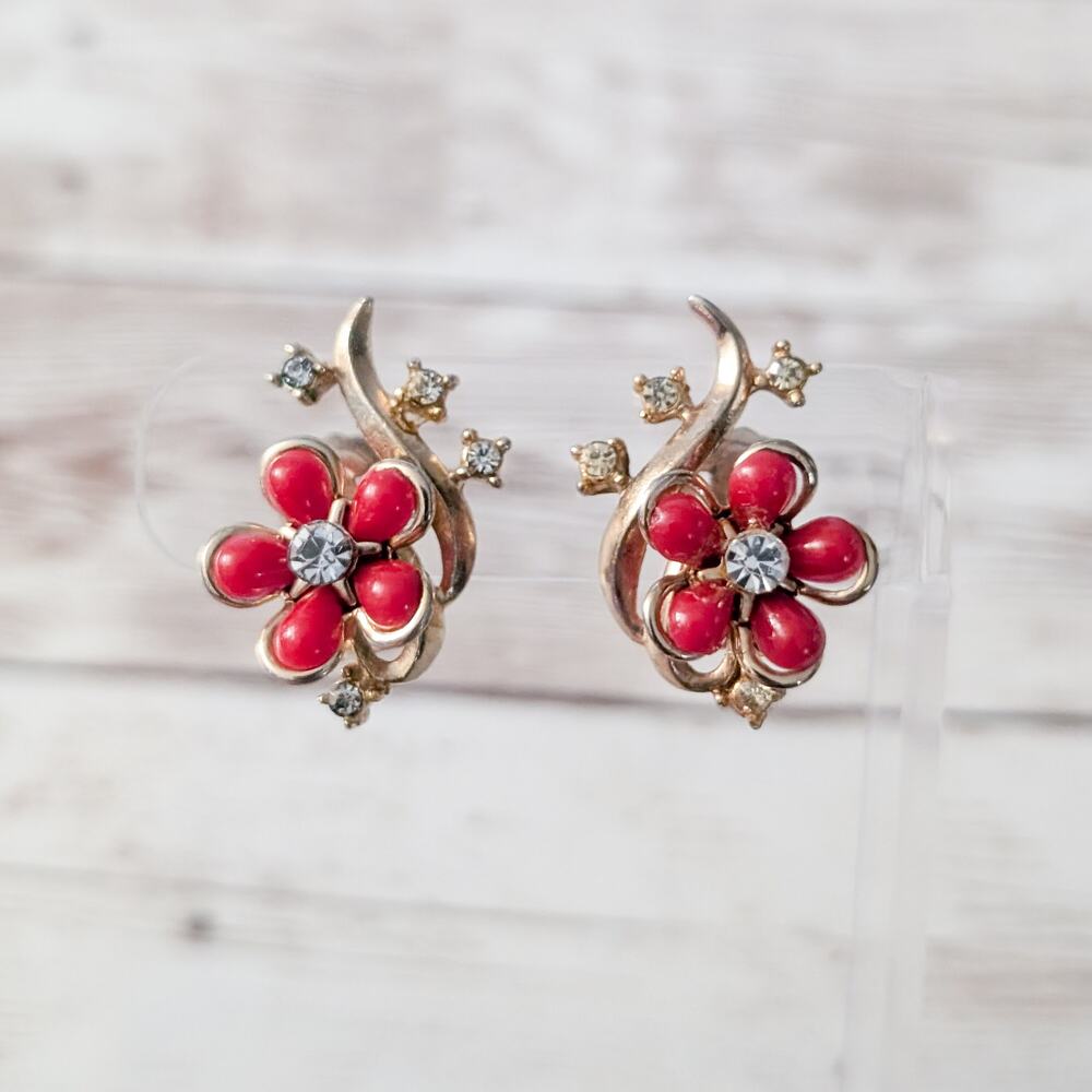 Vintage Clip On Earrings Stunning Red Flower, Gold Tone, Clear Gem